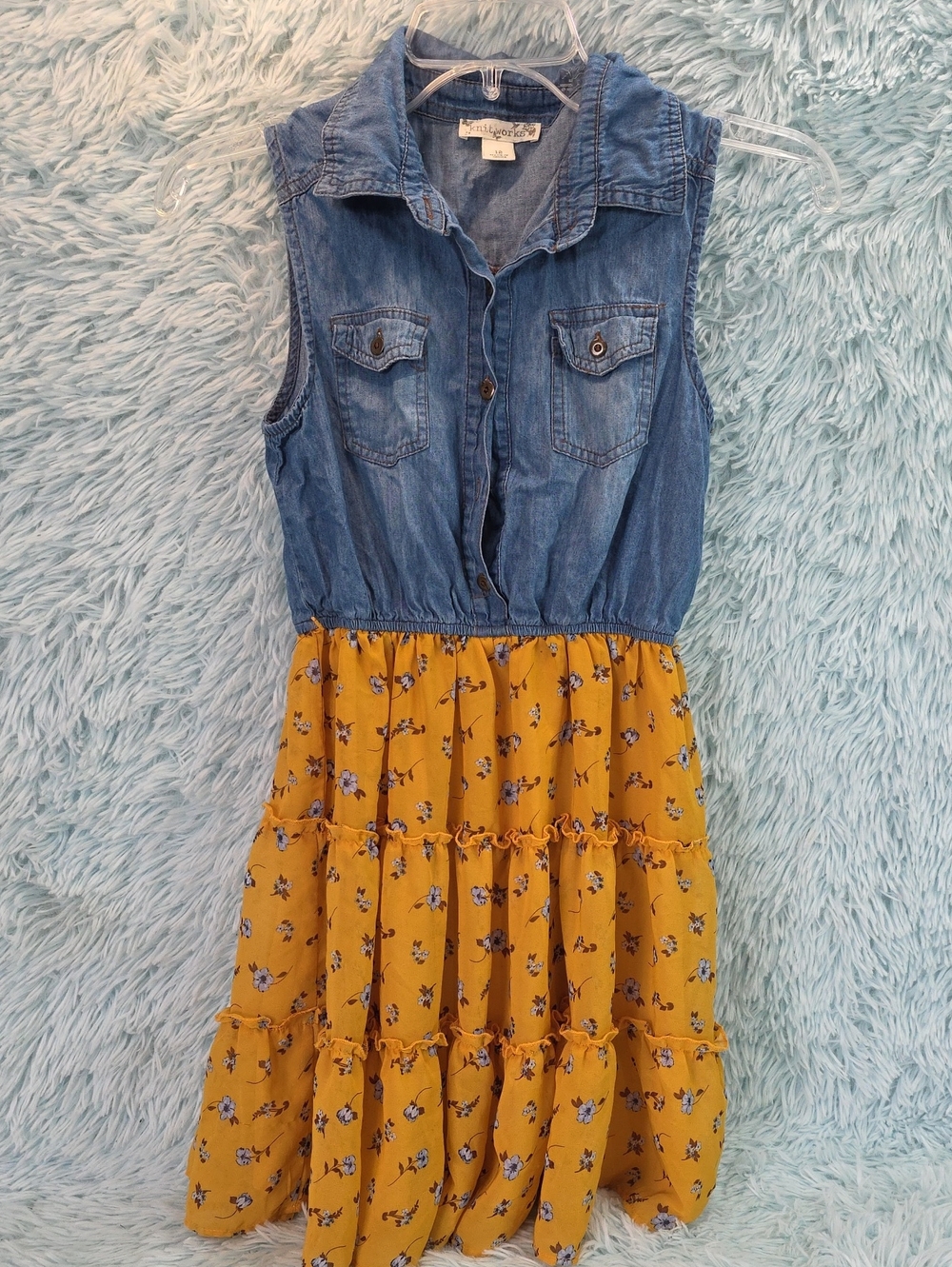 Knit Works Girls Denim Chiffon Floral Tiered Dress Size 12